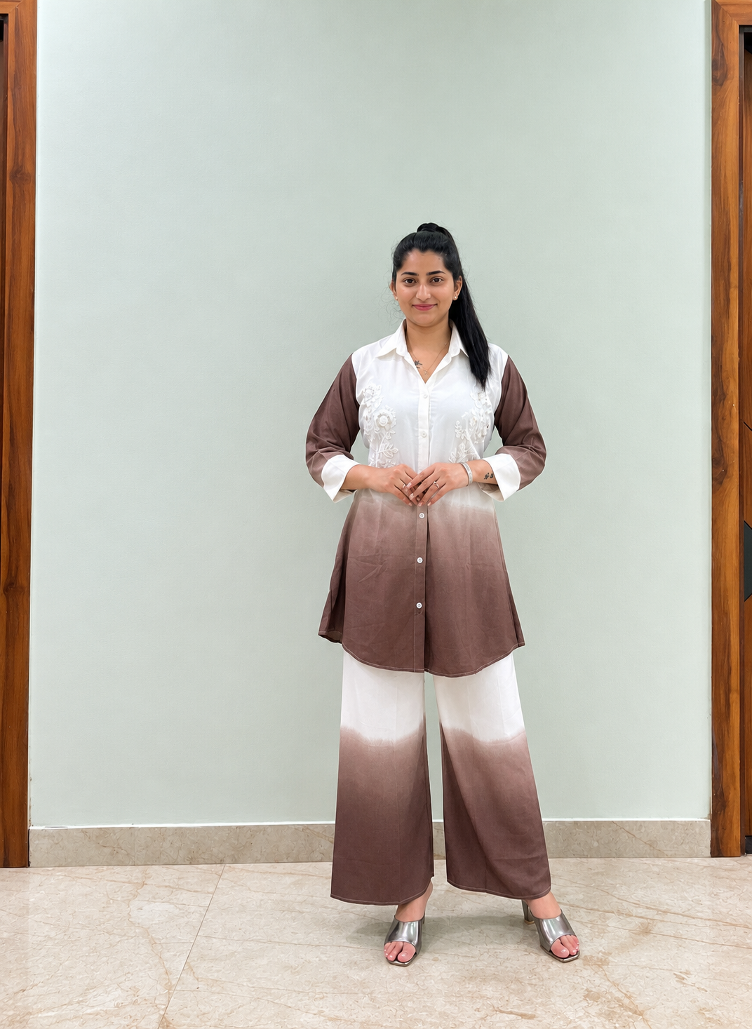Women Embroidered Shirt Style Coord Set
