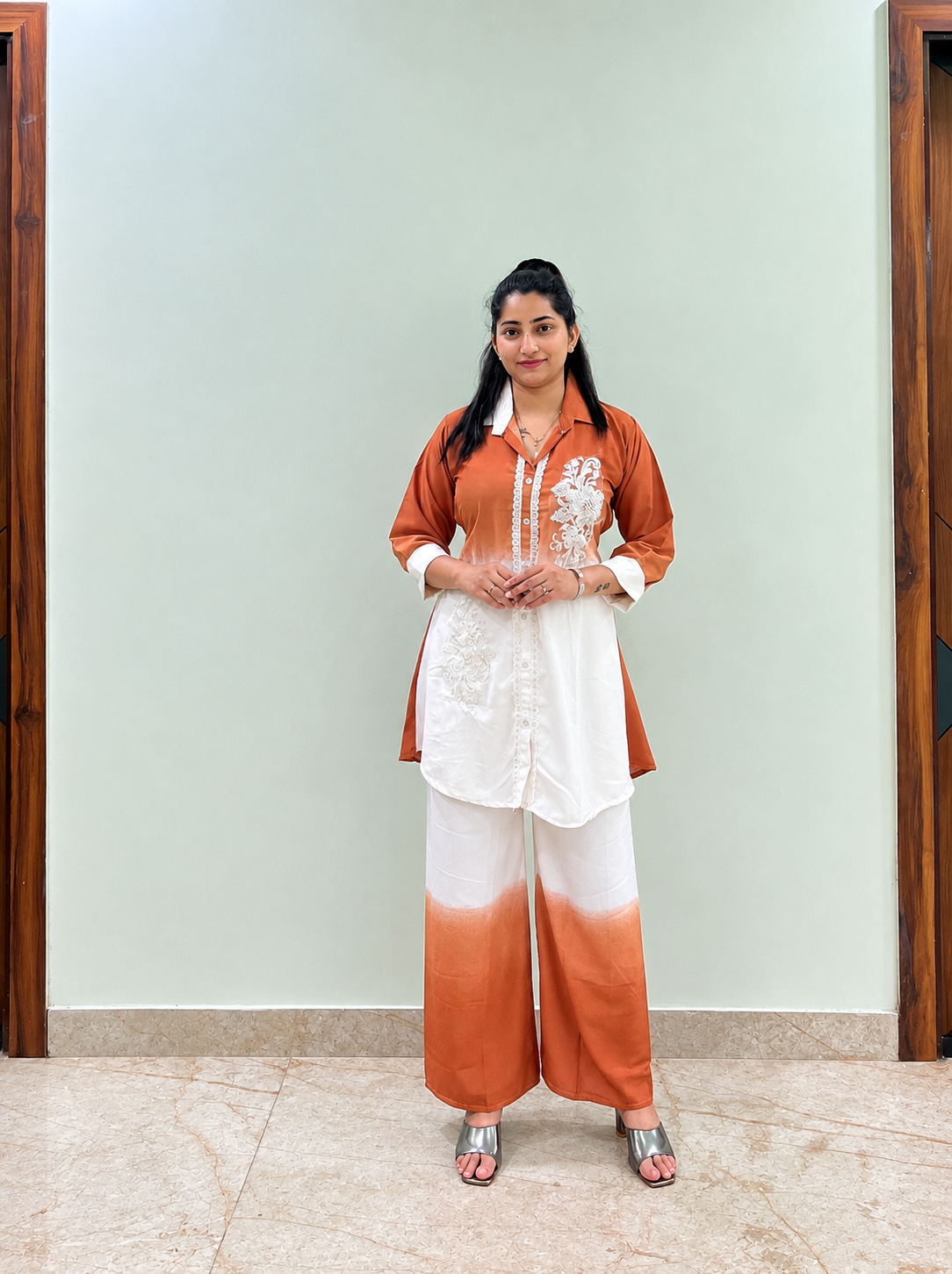 Women Embroidered Shirt Style Coord Set
