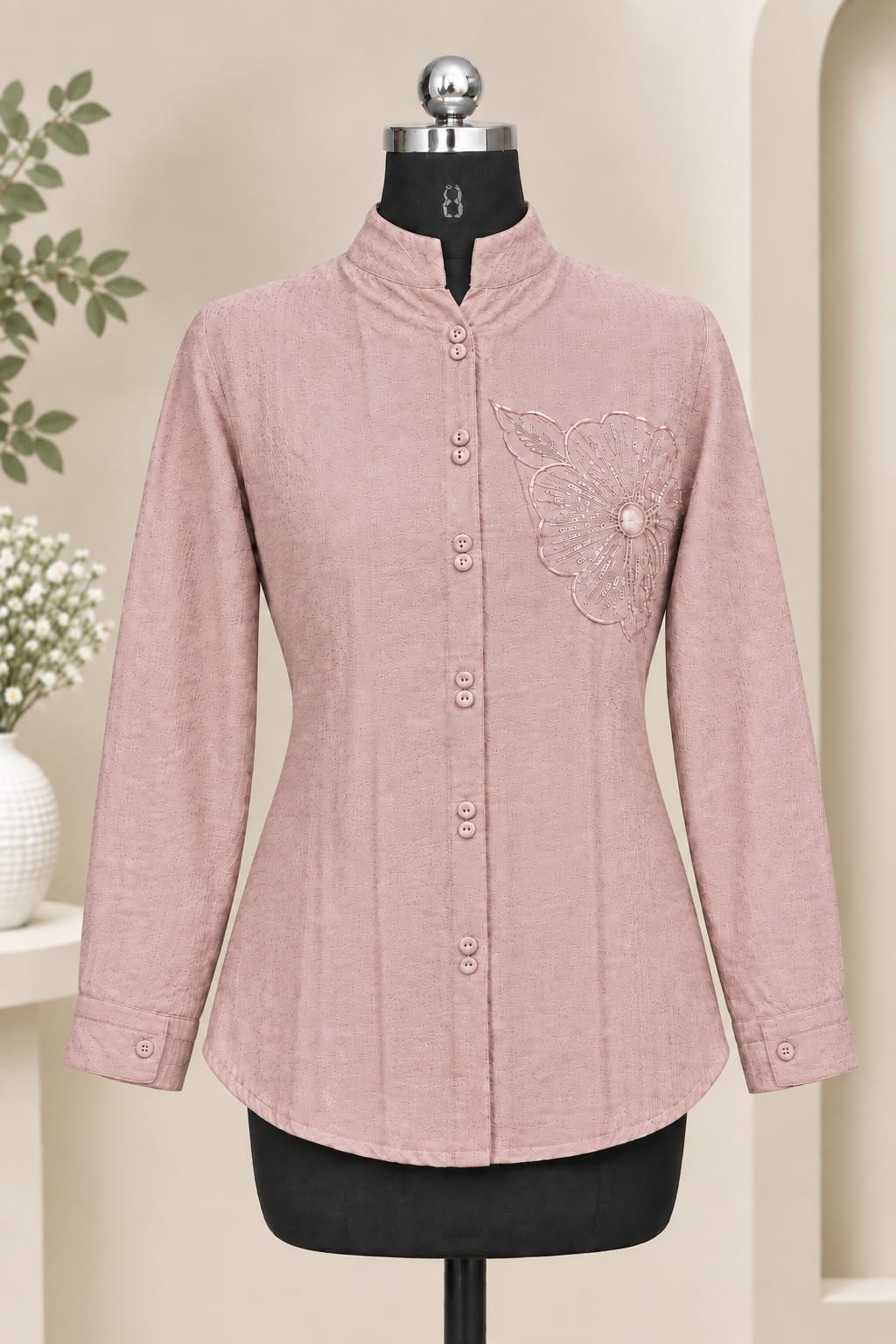 Women Casual Embroidered Mandarin Collar Shirt Top