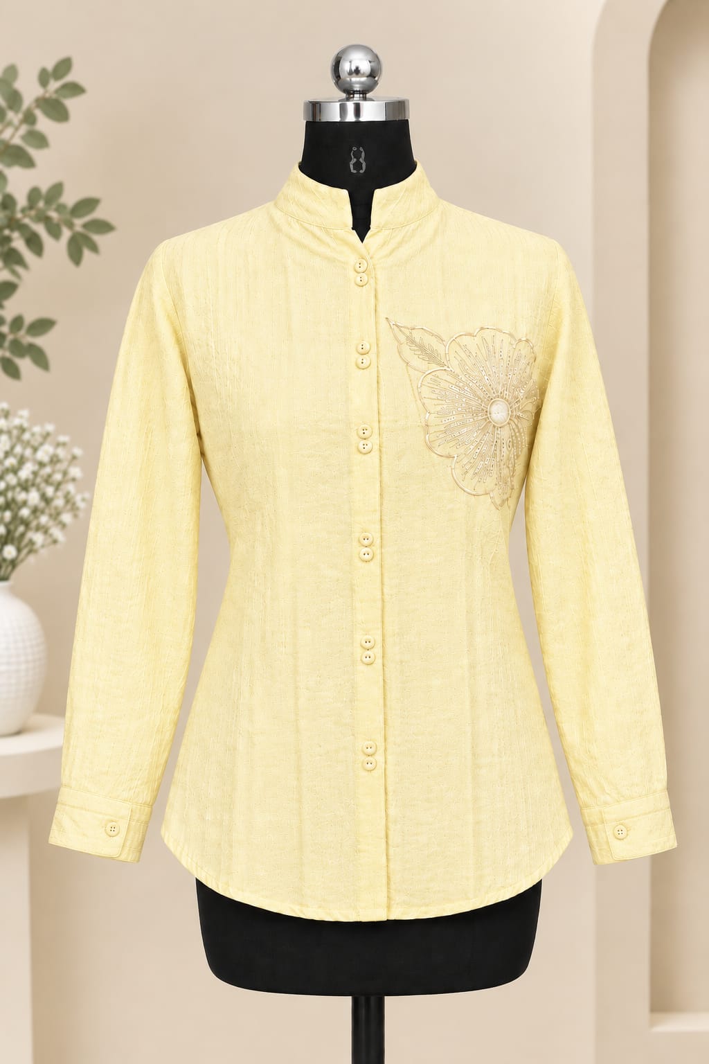 Women Casual Embroidered Mandarin Collar Shirt Top