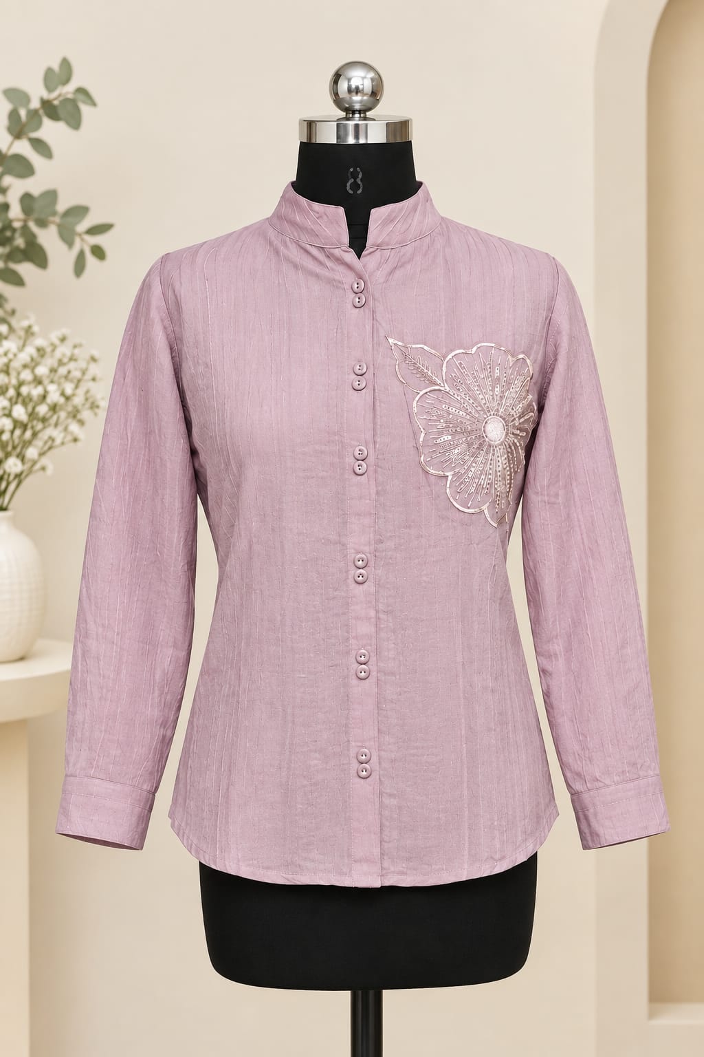 Women Casual Embroidered Mandarin Collar Shirt Top