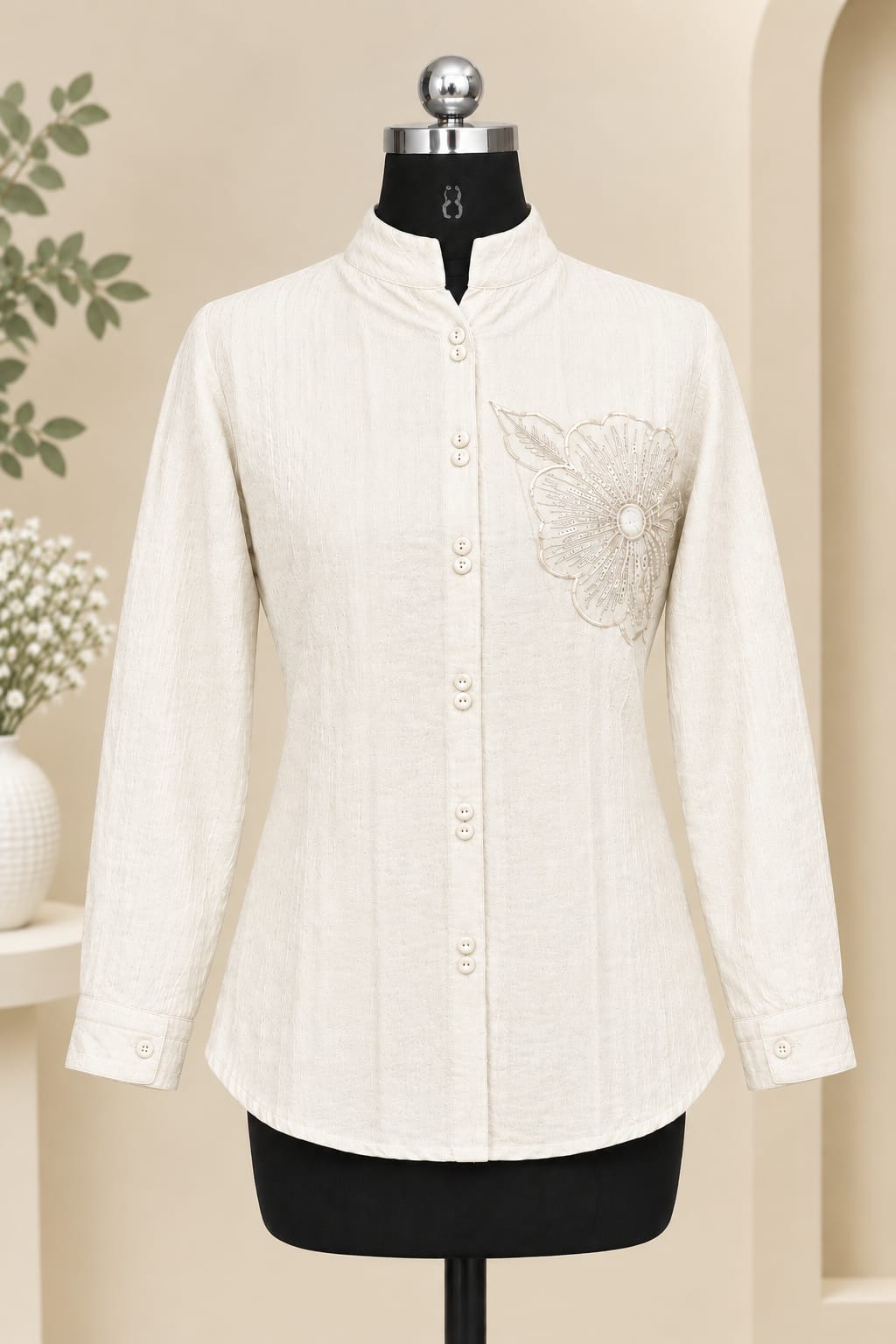 Women Casual Embroidered Mandarin Collar Shirt Top