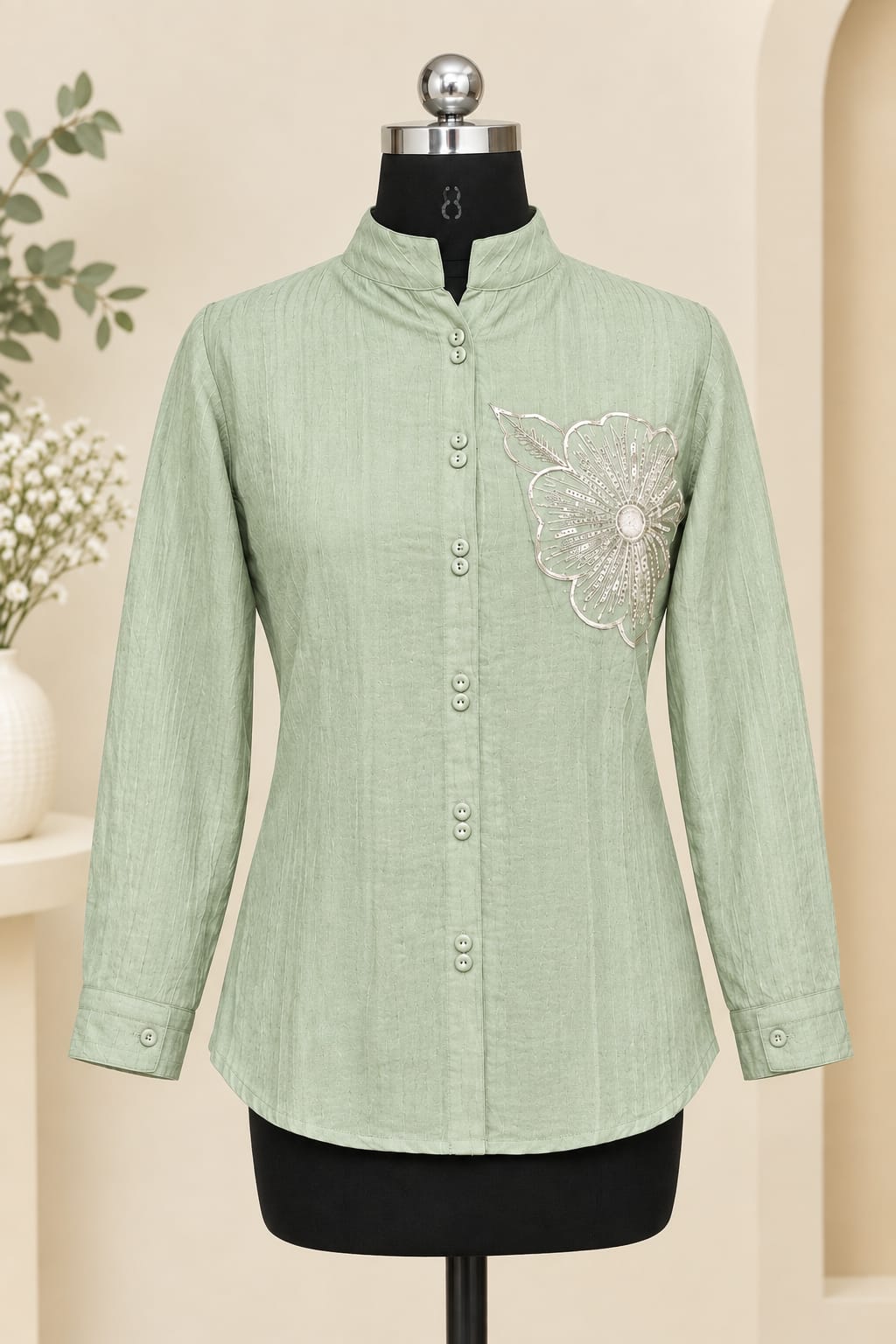 Women Casual Embroidered Mandarin Collar Shirt Top