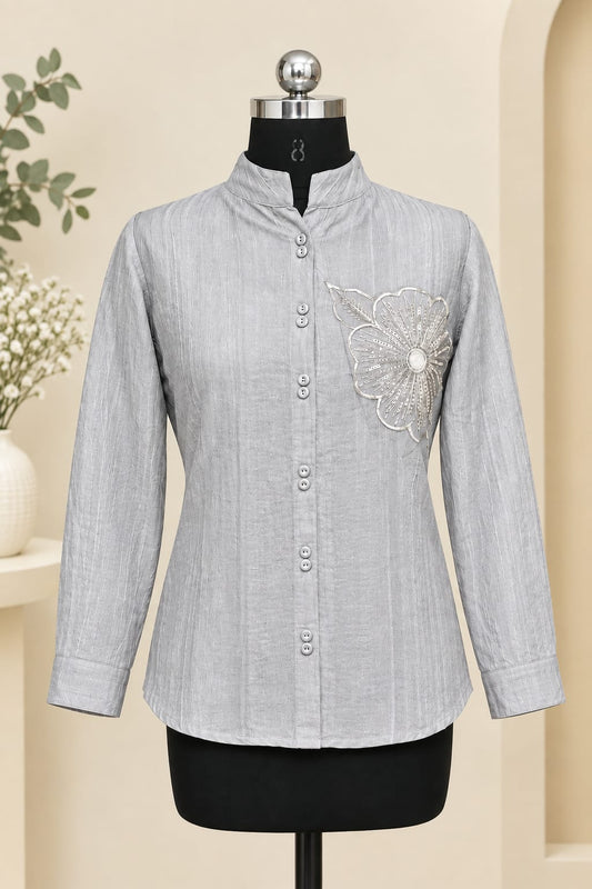Women Casual Embroidered Mandarin Collar Shirt Top