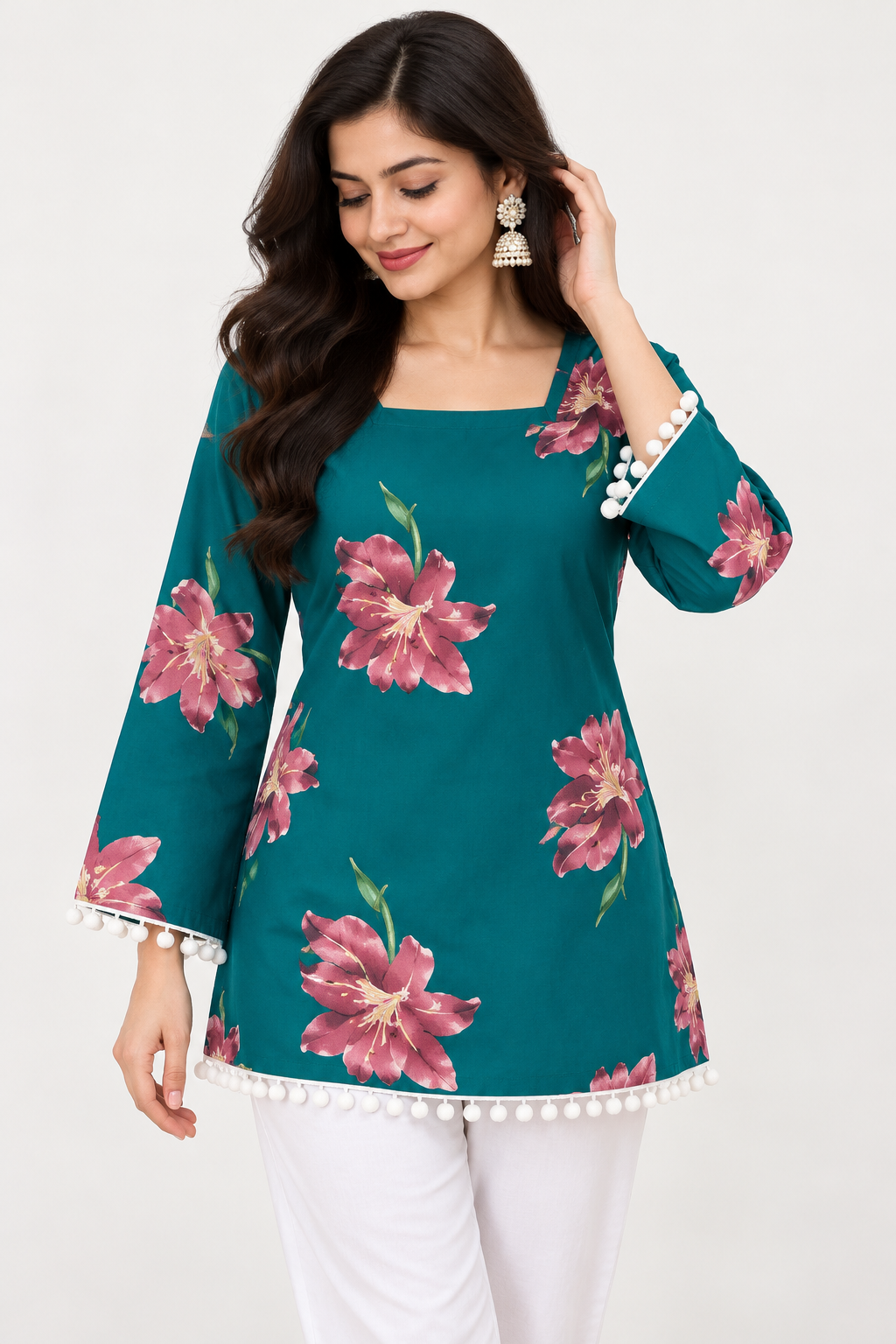 Women Floral Print Short Kurti with Back Tie-Up
