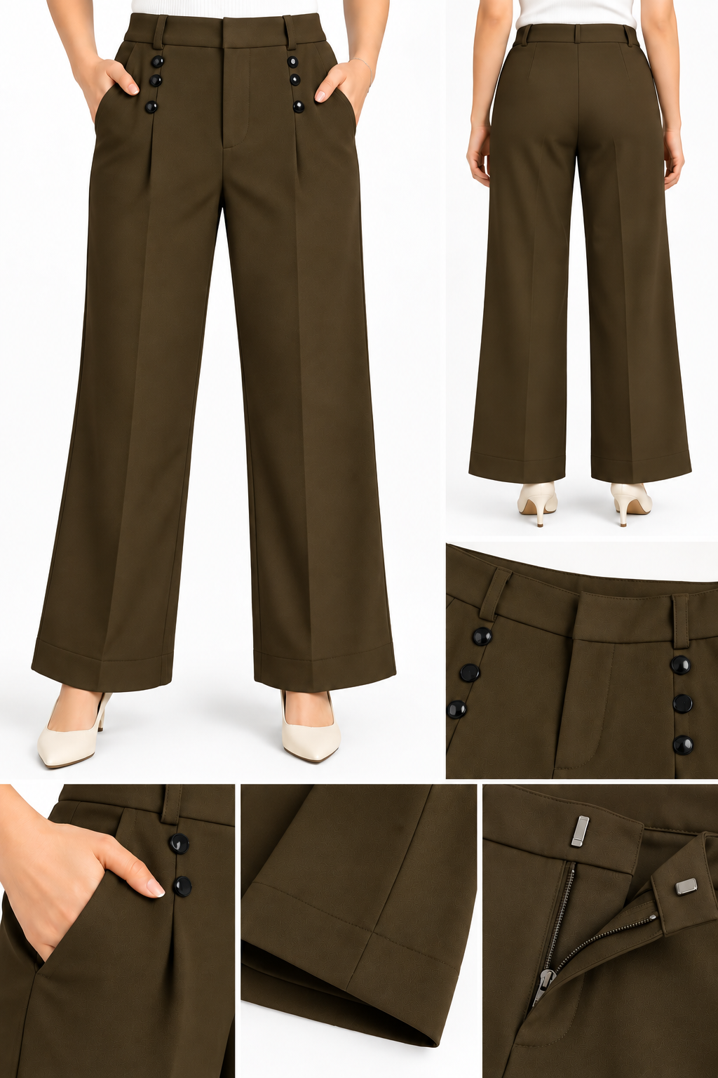 Women Wide Leg 3 Buttons Korean Pant