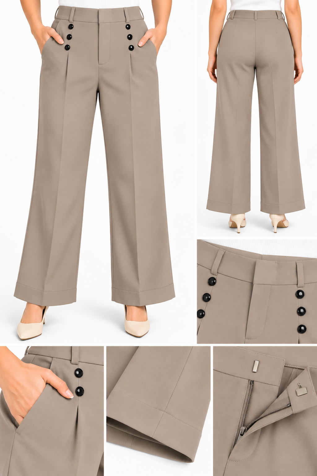 Women Wide Leg 3 Buttons Korean Pant