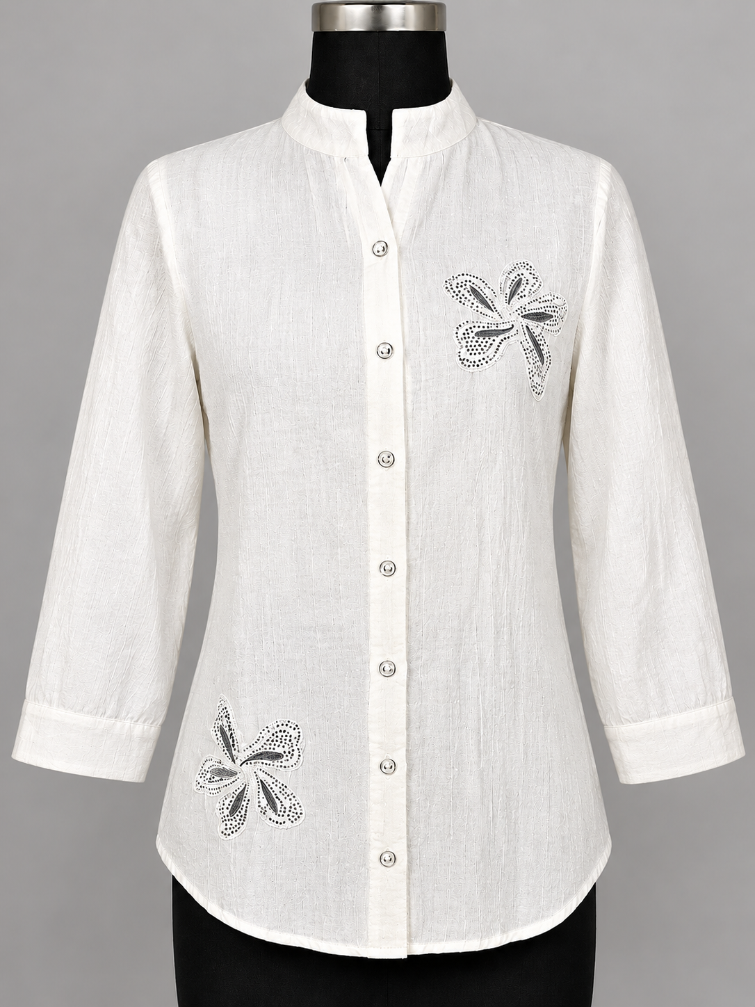 Women Blush Bloom Embroidered Mandarin Collar Shirt Top