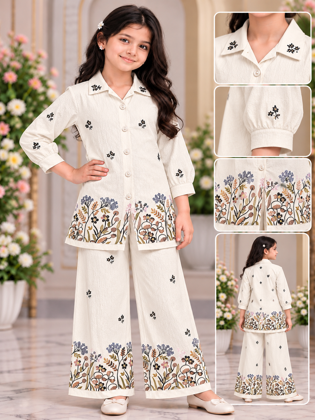 Girl Floral Embroidered Kurta Palazzo Coord Set