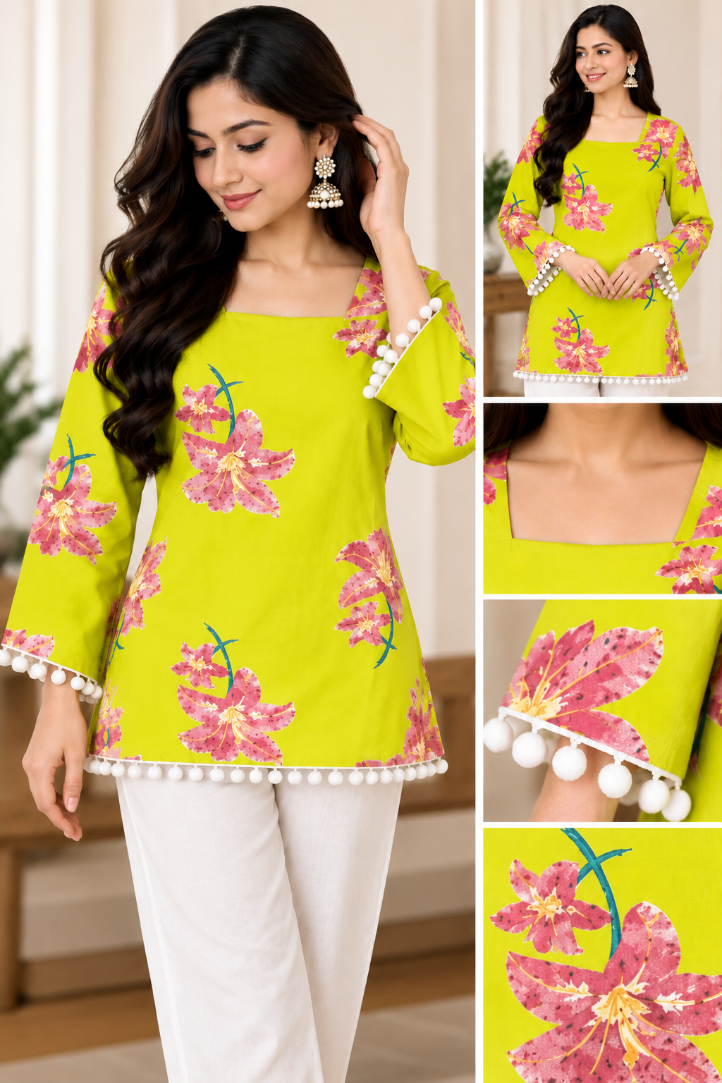 Women Floral Print Short Kurti with Back Tie-Up