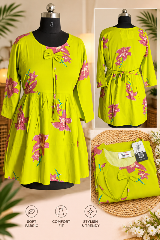 Women Floral Printed Bow Detail Flared Kurti