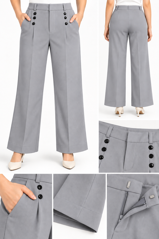 Women Wide Leg 3 Buttons Korean Pant