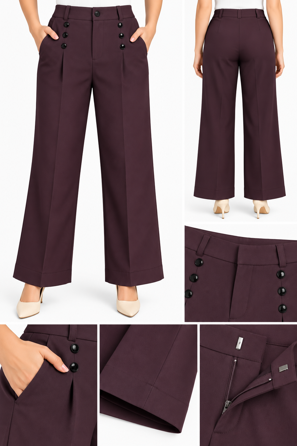 Women Wide Leg 3 Buttons Korean Pant