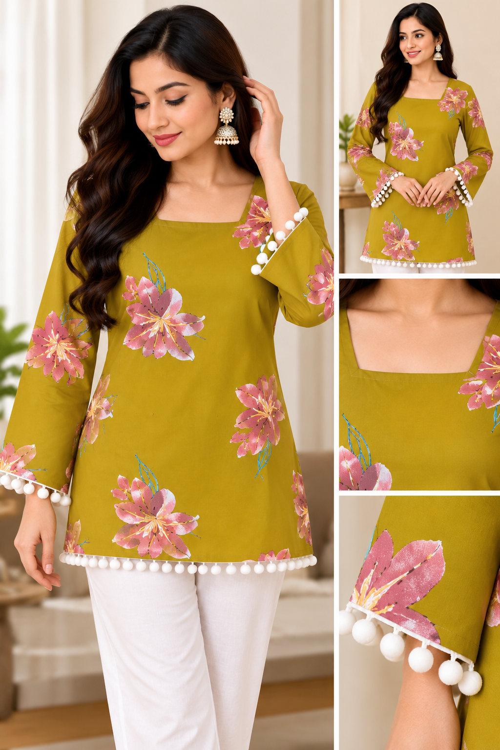 Women Floral Print Short Kurti with Back Tie-Up