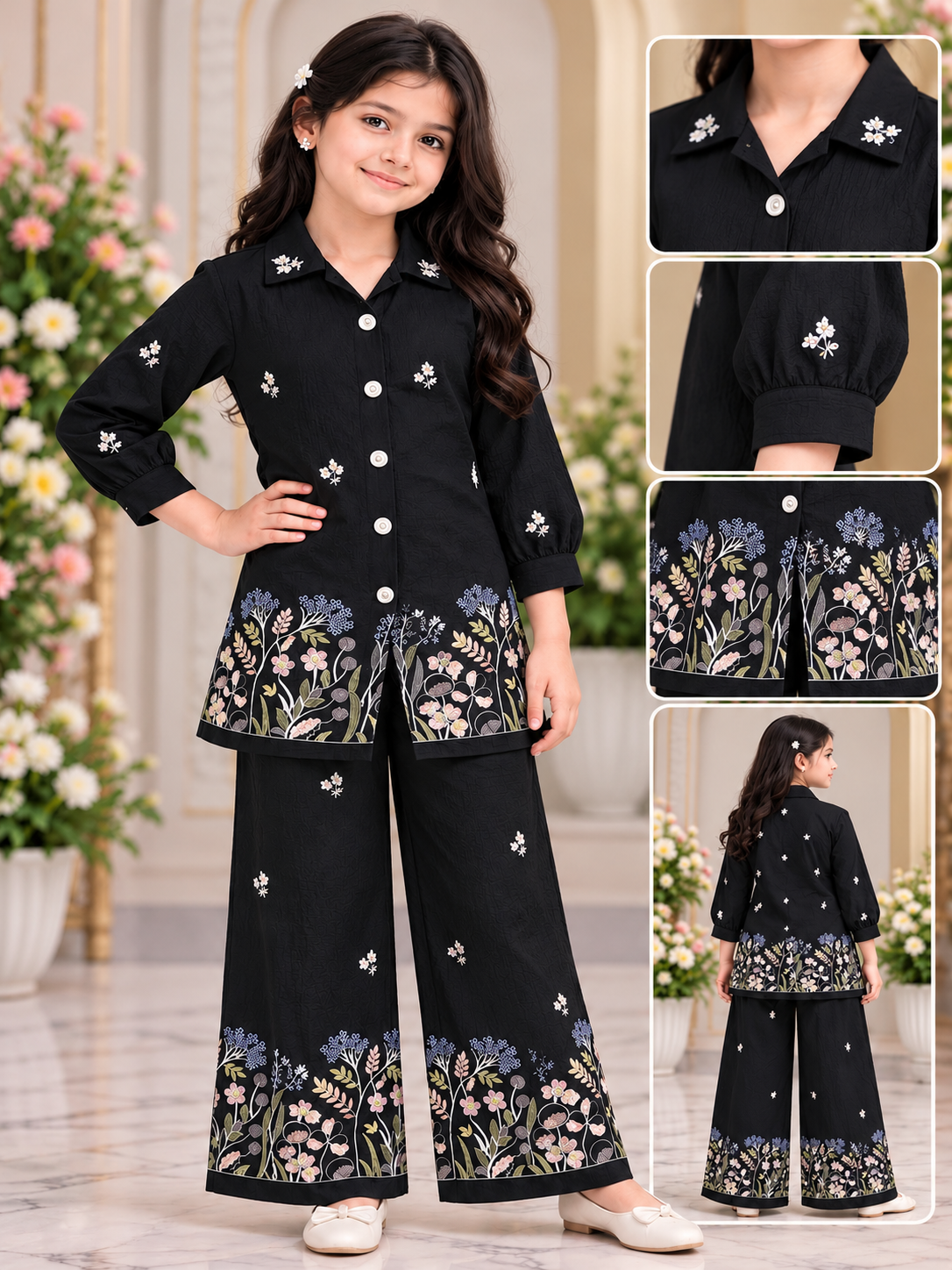 Girl Floral Embroidered Kurta Palazzo Coord Set