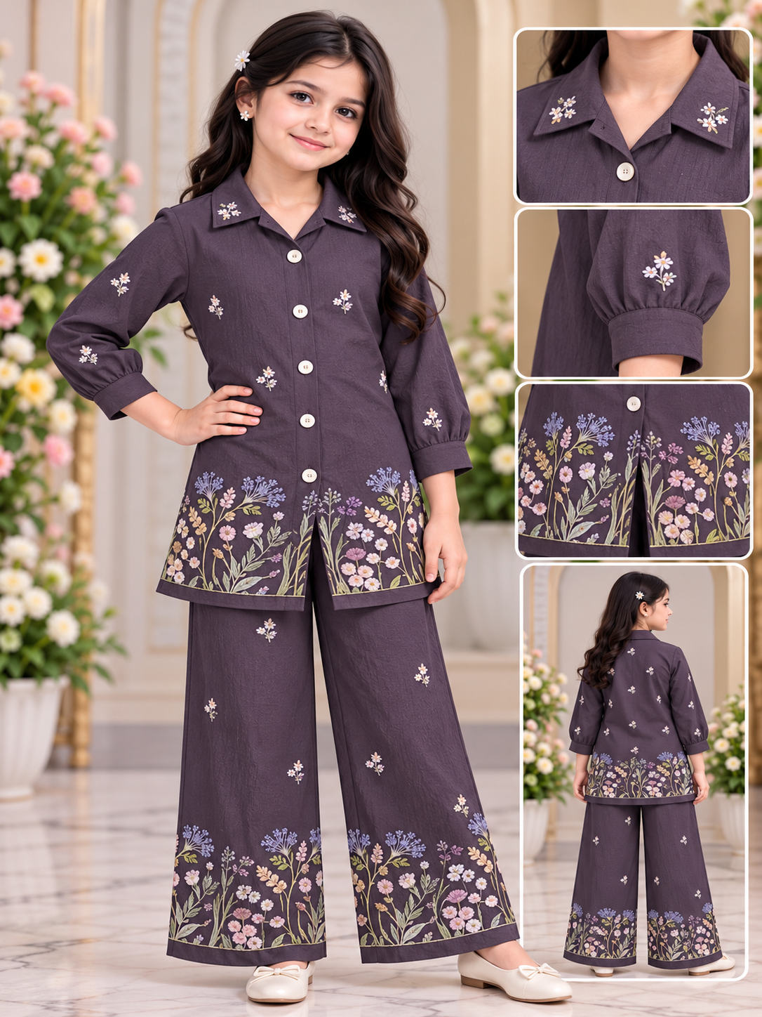 Girl Floral Embroidered Kurta Palazzo Coord Set
