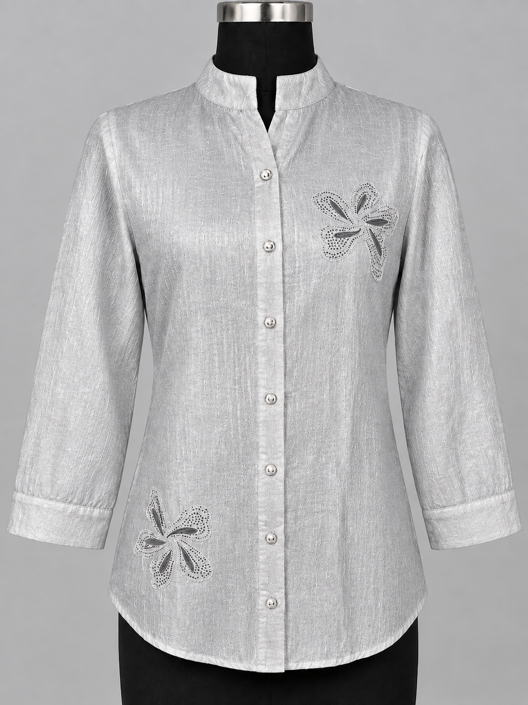 Women Blush Bloom Embroidered Mandarin Collar Shirt Top
