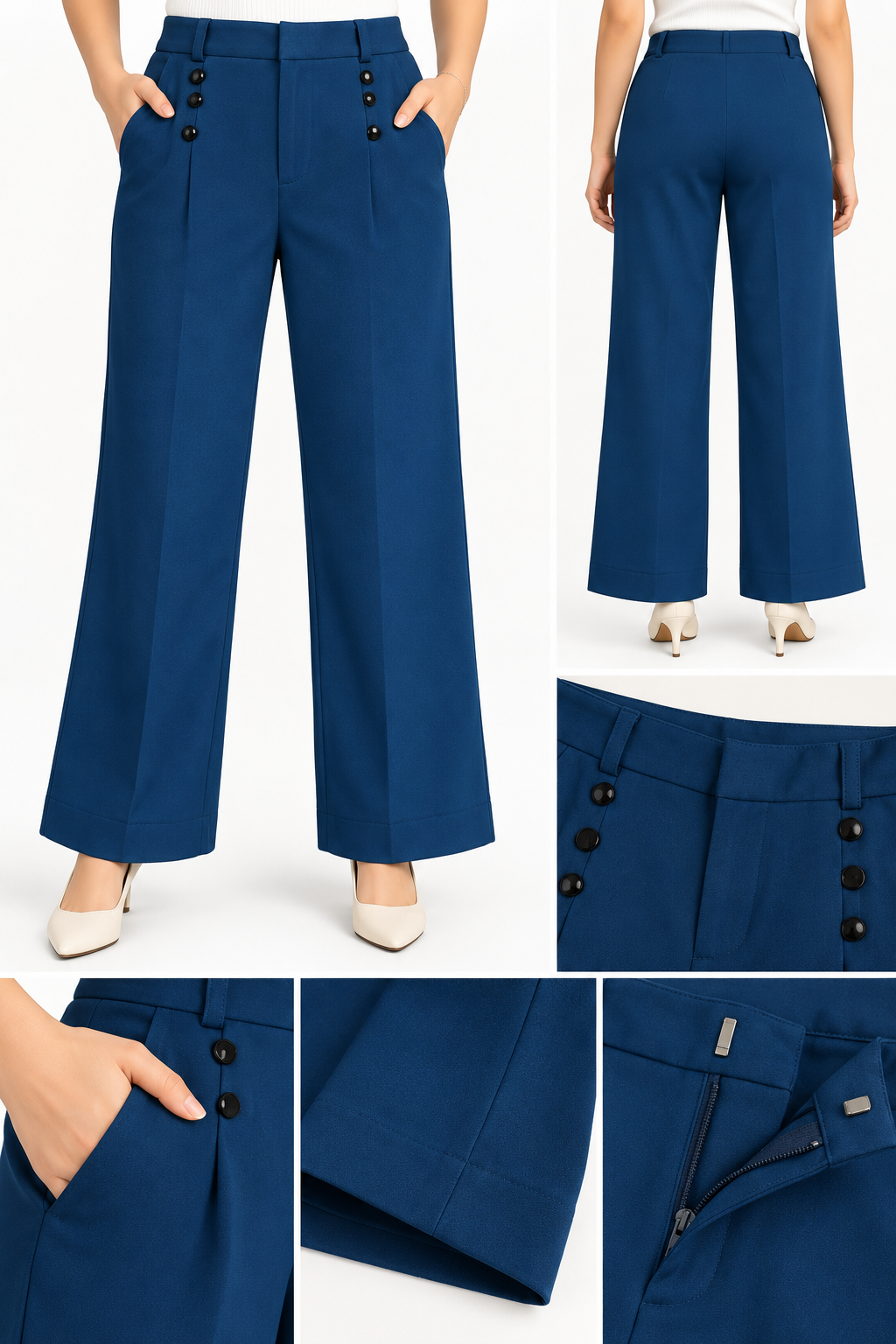 Women Wide Leg 3 Buttons Korean Pant