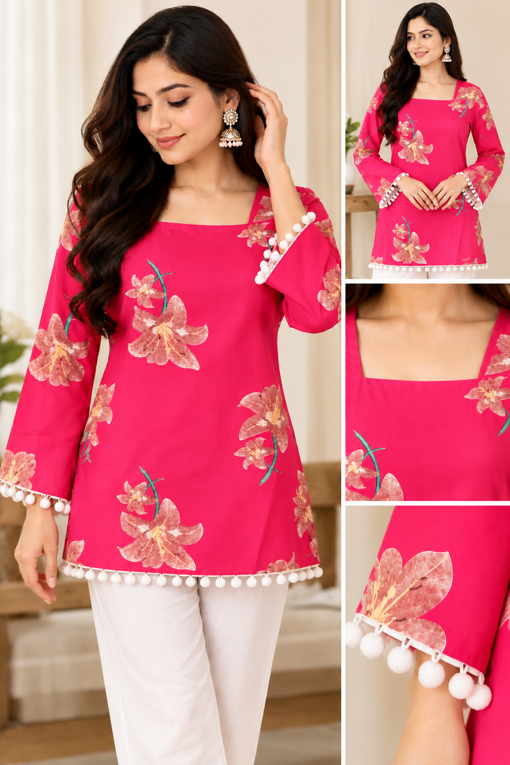 Women Floral Print Short Kurti with Back Tie-Up