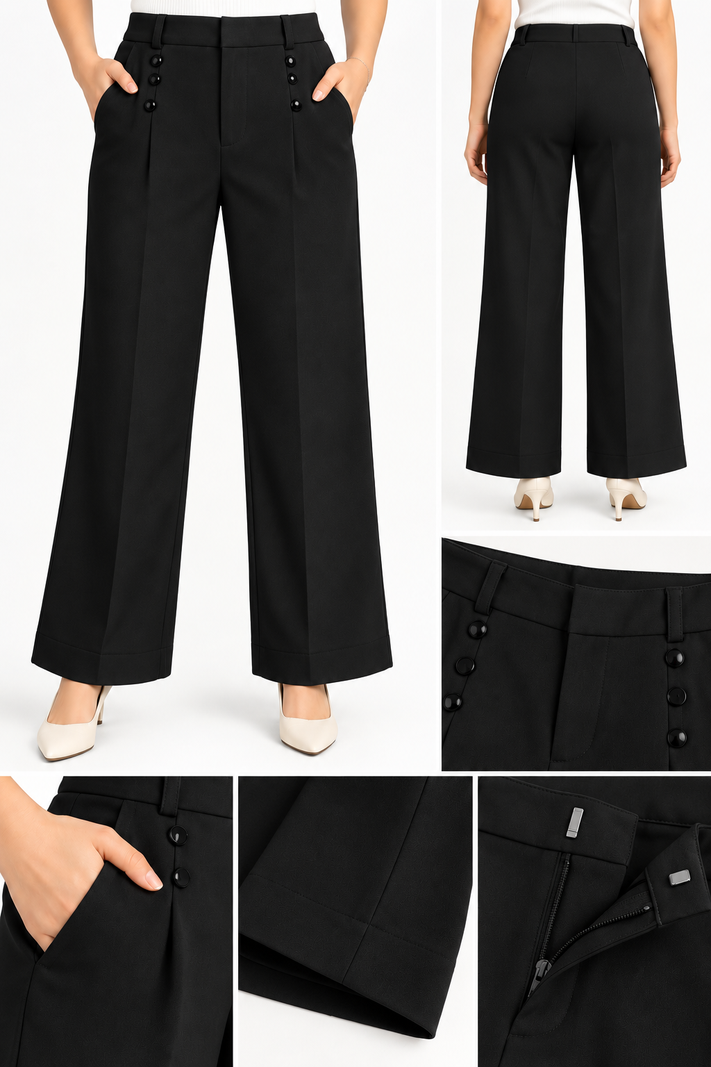 Women Wide Leg 3 Buttons Korean Pant