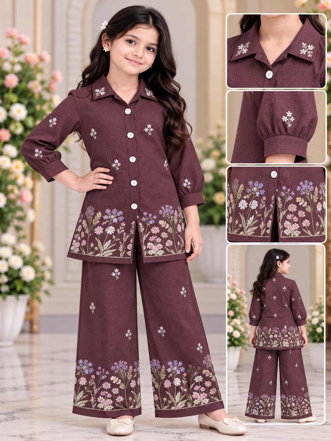 Girl Floral Embroidered Kurta Palazzo Coord Set